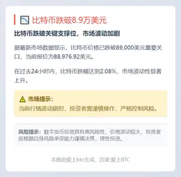 比特币跌破8.9万美元