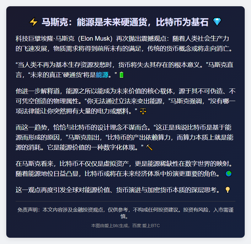 马斯克：能源是未来硬通货，比特币为基石
