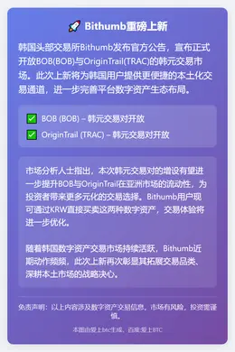 Bithumb将上线BOB与TRAC韩元交易对