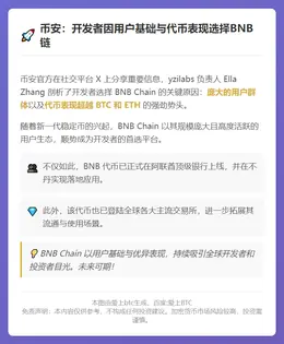 币安：开发者因用户基础与代币表现选择BNB链