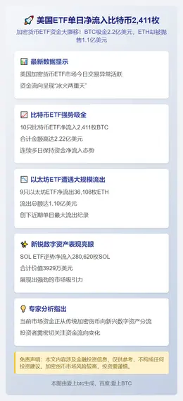 美国ETF单日净流入比特币2,411枚