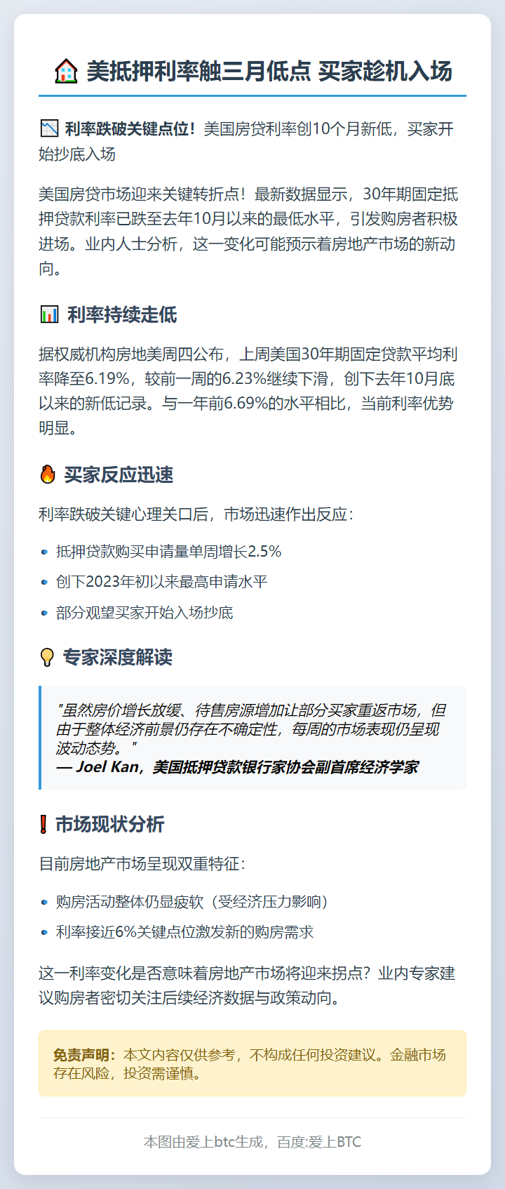 美抵押利率触三月低点 买家趁机入场