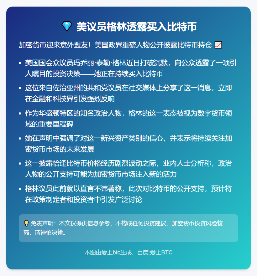 美议员格林透露买入比特币