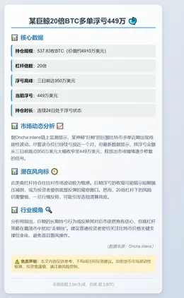 某巨鲸20倍BTC多单浮亏449万
