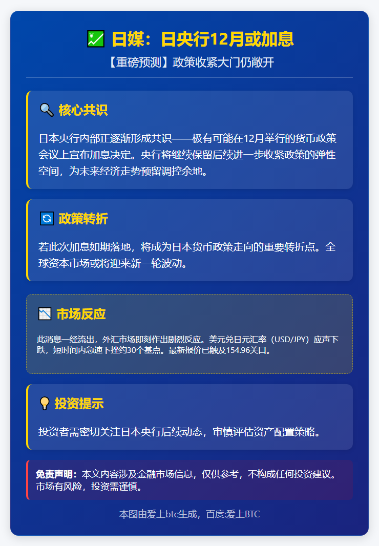 日媒：日央行12月或加息