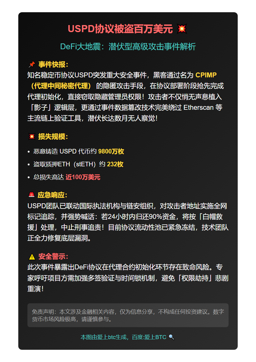 USPD协议被盗百万美元