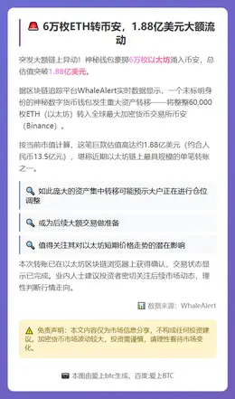 6万枚ETH转币安，1.88亿美元大额流动