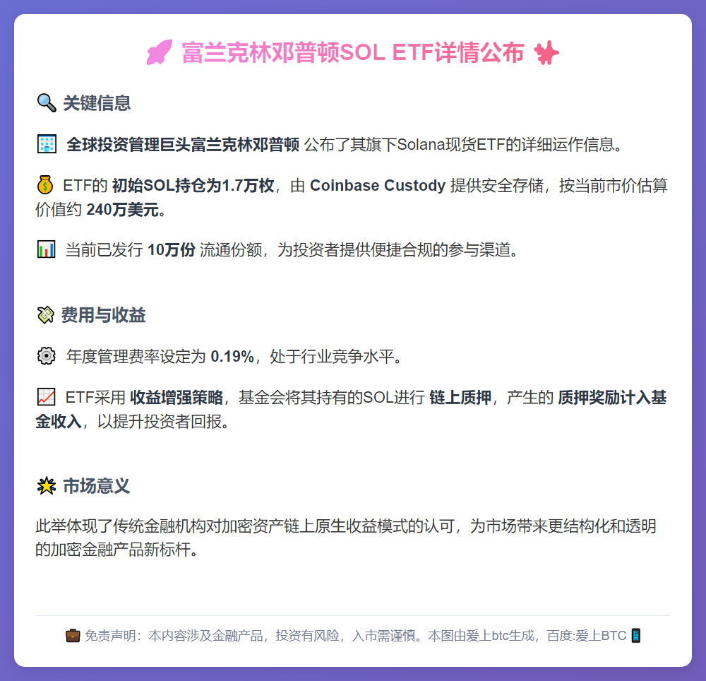 富兰克林邓普顿SOL ETF：含质押奖励 持仓1.7万枚
