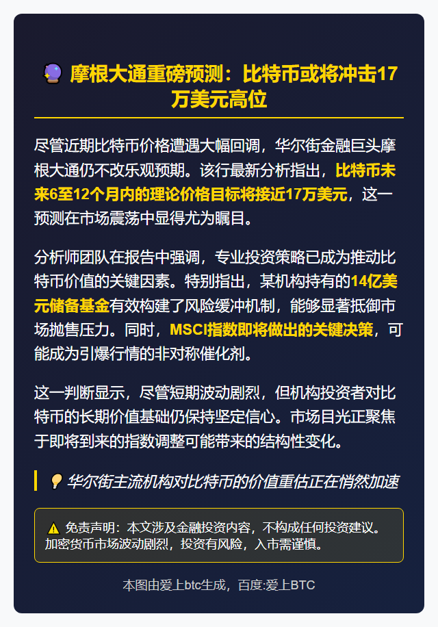 摩根大通：比特币一年内或冲17万美元