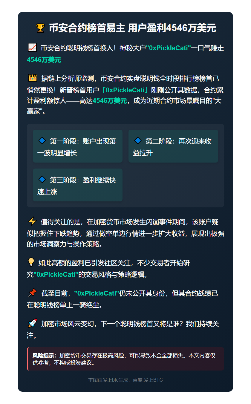 币安合约榜首易主 用户盈利4546万美元