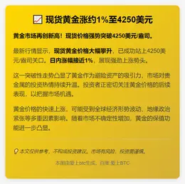 现货黄金涨约1%至4250美元