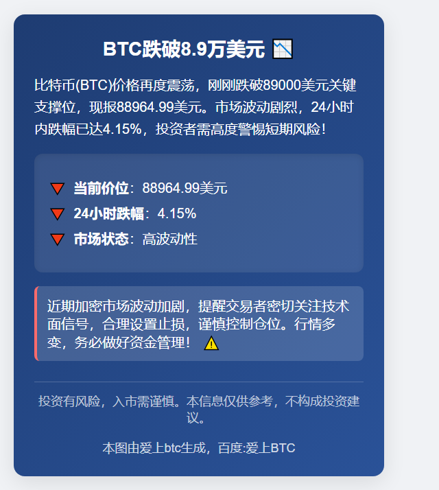 BTC跌破8.9万美元