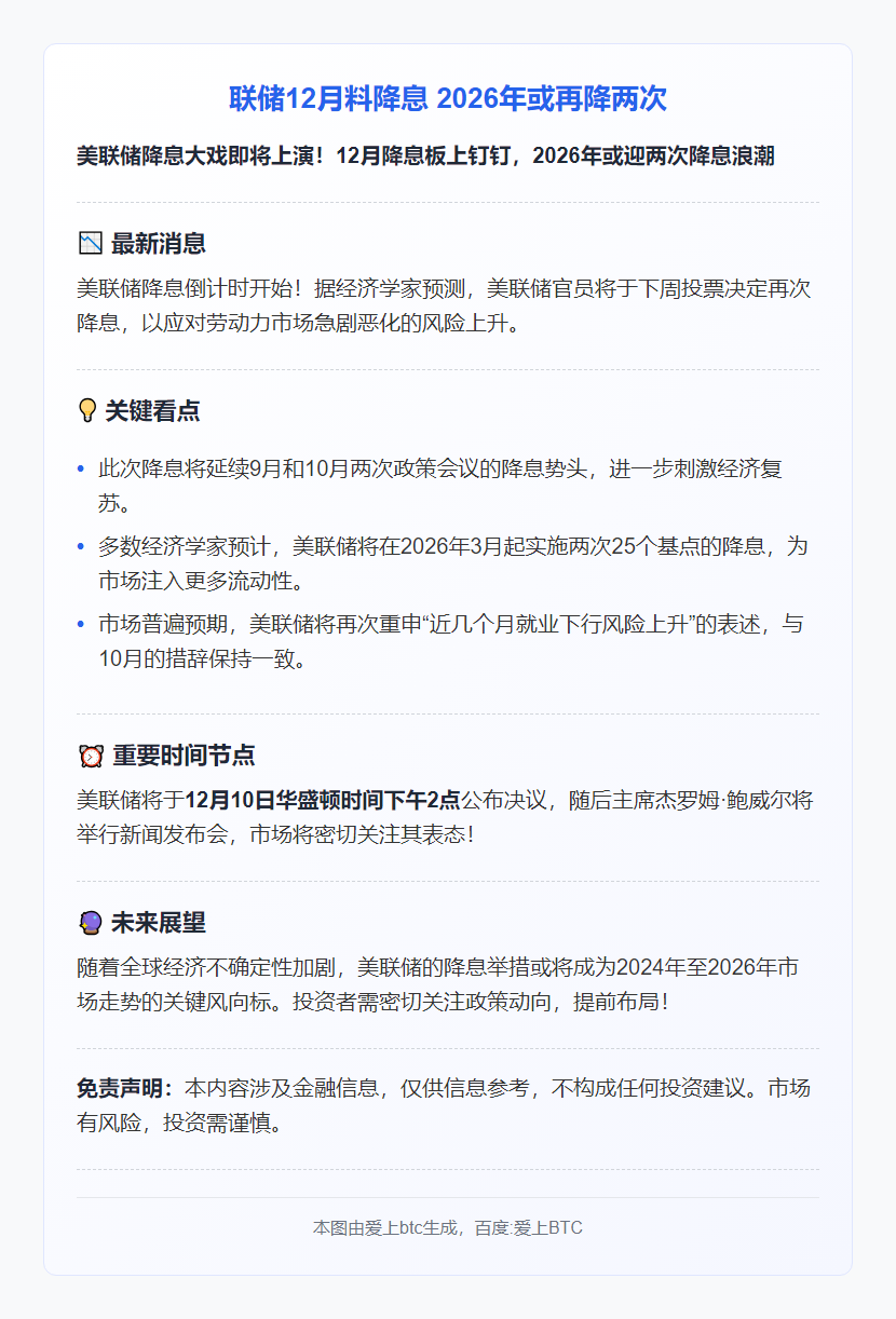 联储12月料降息 2026年或再降两次