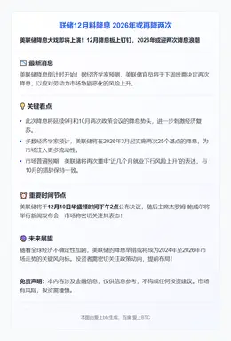 联储12月料降息 2026年或再降两次