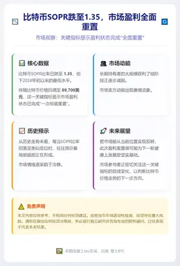 比特币SOPR跌至1.35，市场盈利全面重置