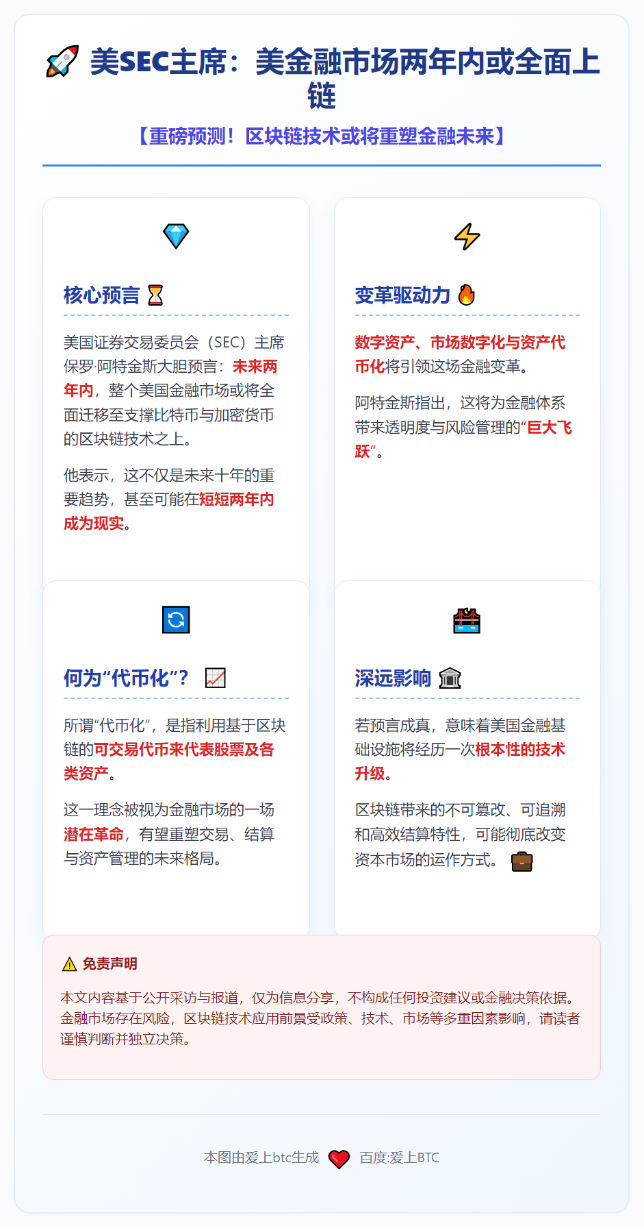 美SEC主席：美金融市场两年内或全面上链