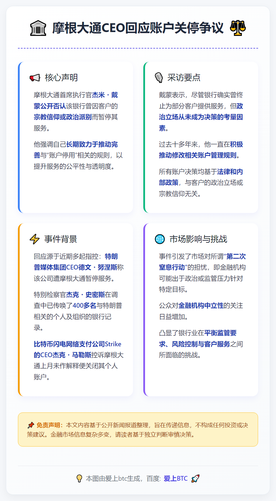 摩根大通CEO否认因客户信仰或政治立场停服务