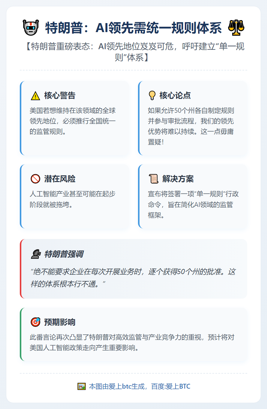 特朗普：AI领先需统一规则体系