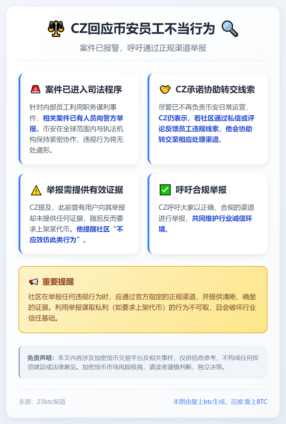 CZ回应币安员工不当行为：已报警，吁请正规举报