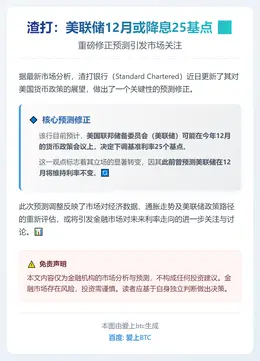 渣打：美联储12月或降息25基点