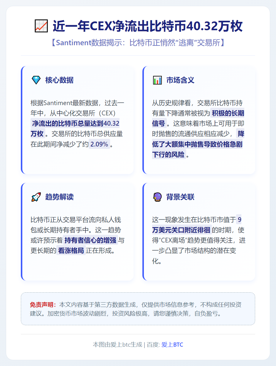 近一年CEX净流出比特币40.32万枚