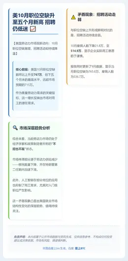 美10月职位空缺升至五个月新高 招聘仍低迷