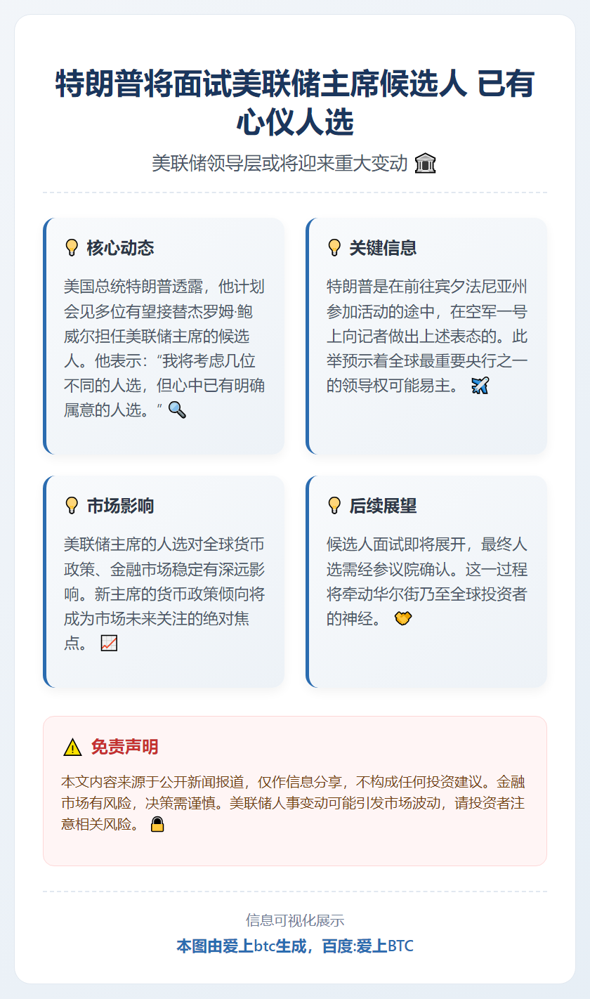 特朗普将面试美联储主席候选人 已有心仪人选