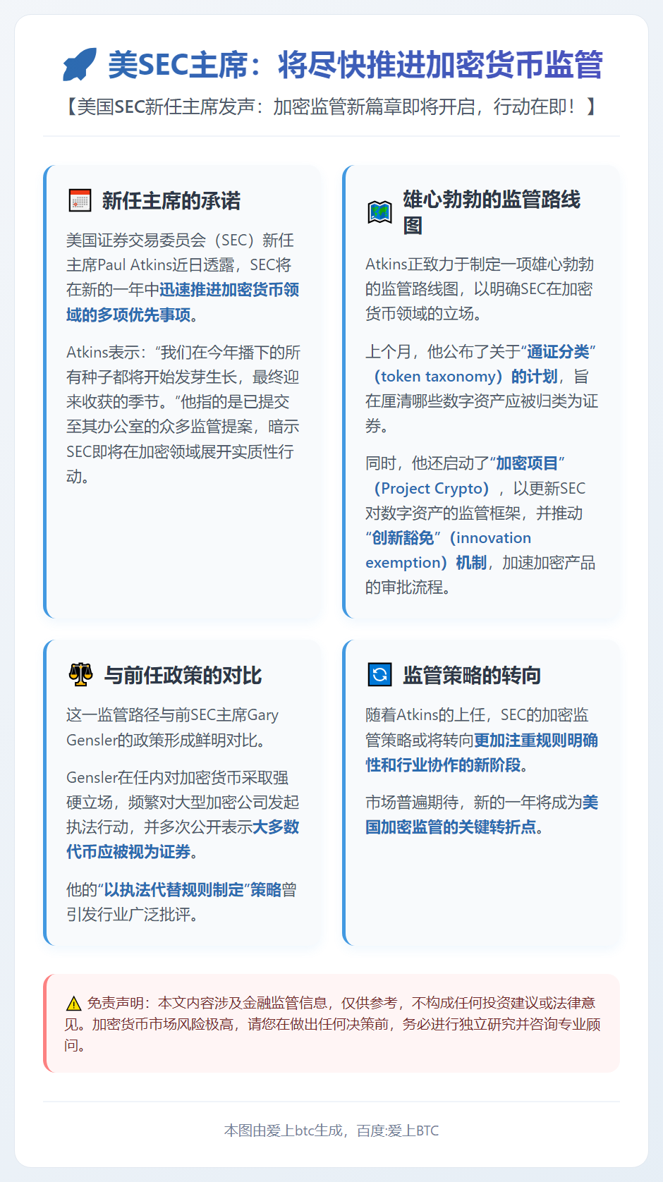 美SEC主席：将尽快推进加密货币监管