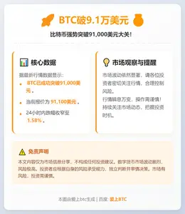 BTC破9.1万美元