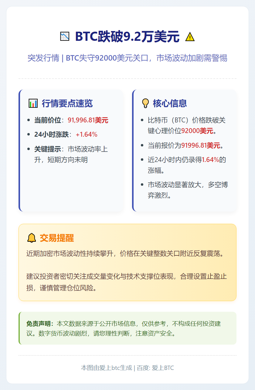 BTC跌破9.2万美元