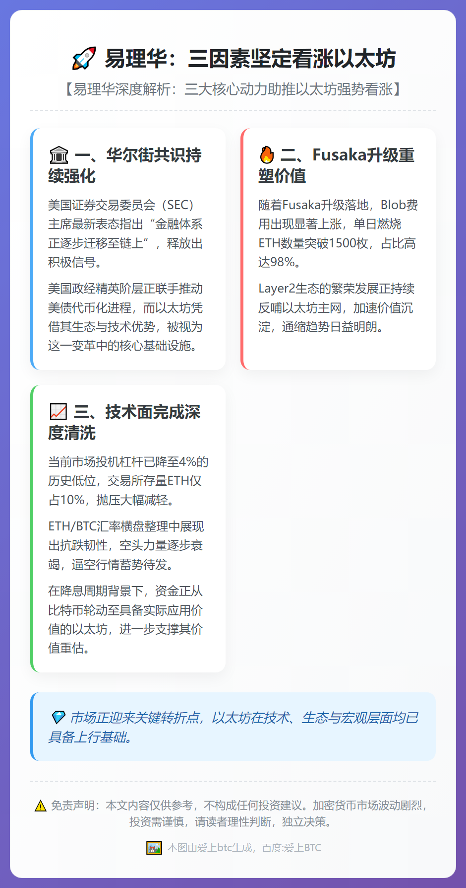 易理华：三因素坚定看涨以太坊