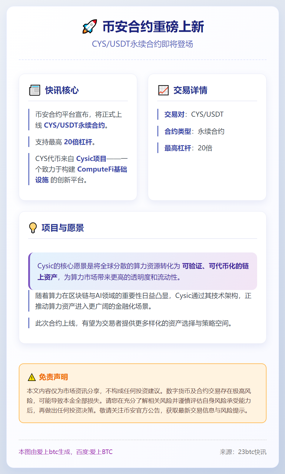 币安合约上线CYSUSDT永续合约