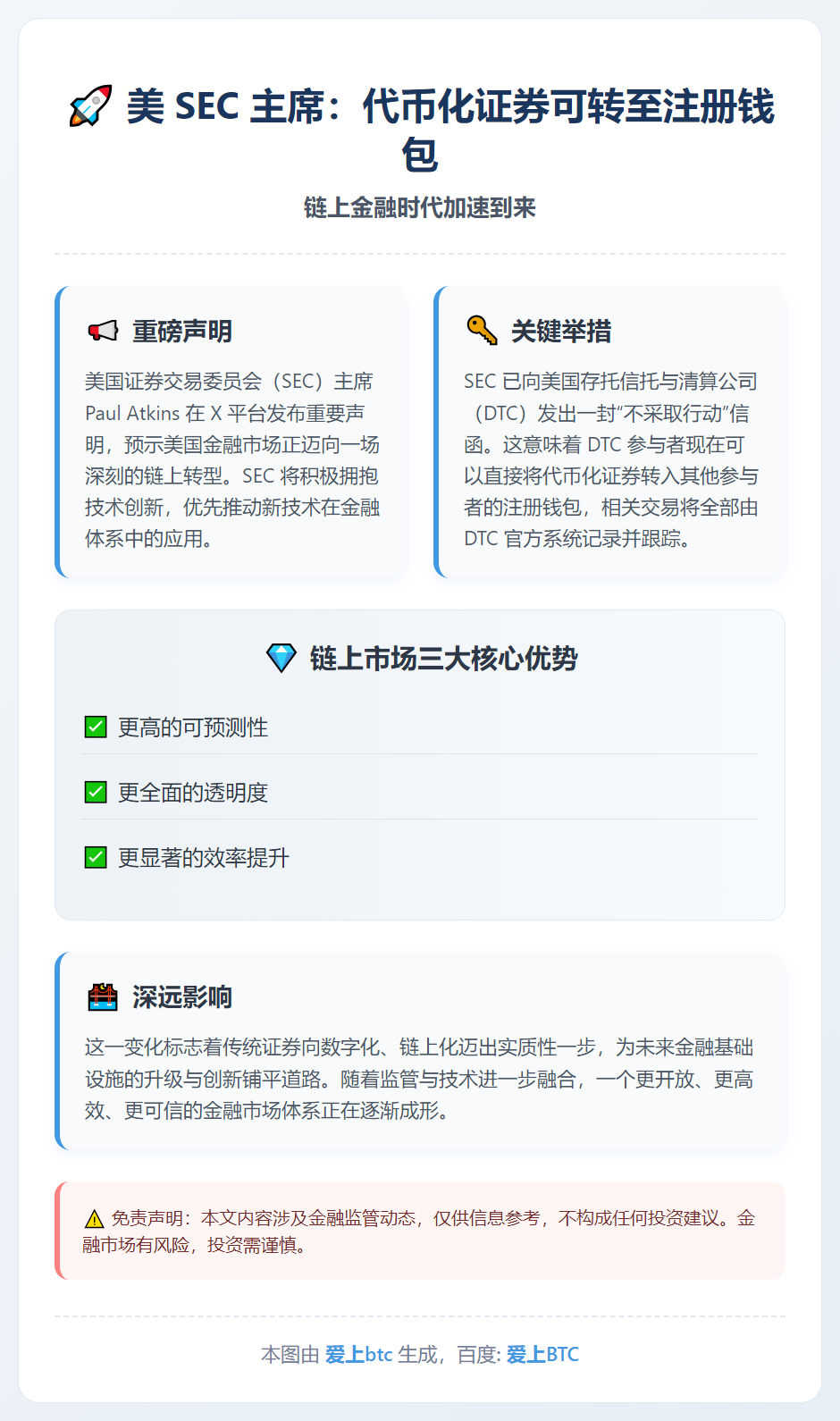 美 SEC 主席：代币化证券可转至注册钱包