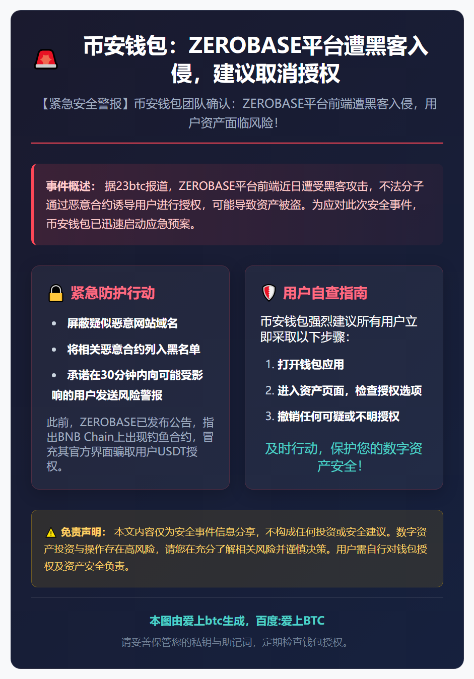 币安钱包：ZEROBASE平台遭黑客入侵，建议取消授权