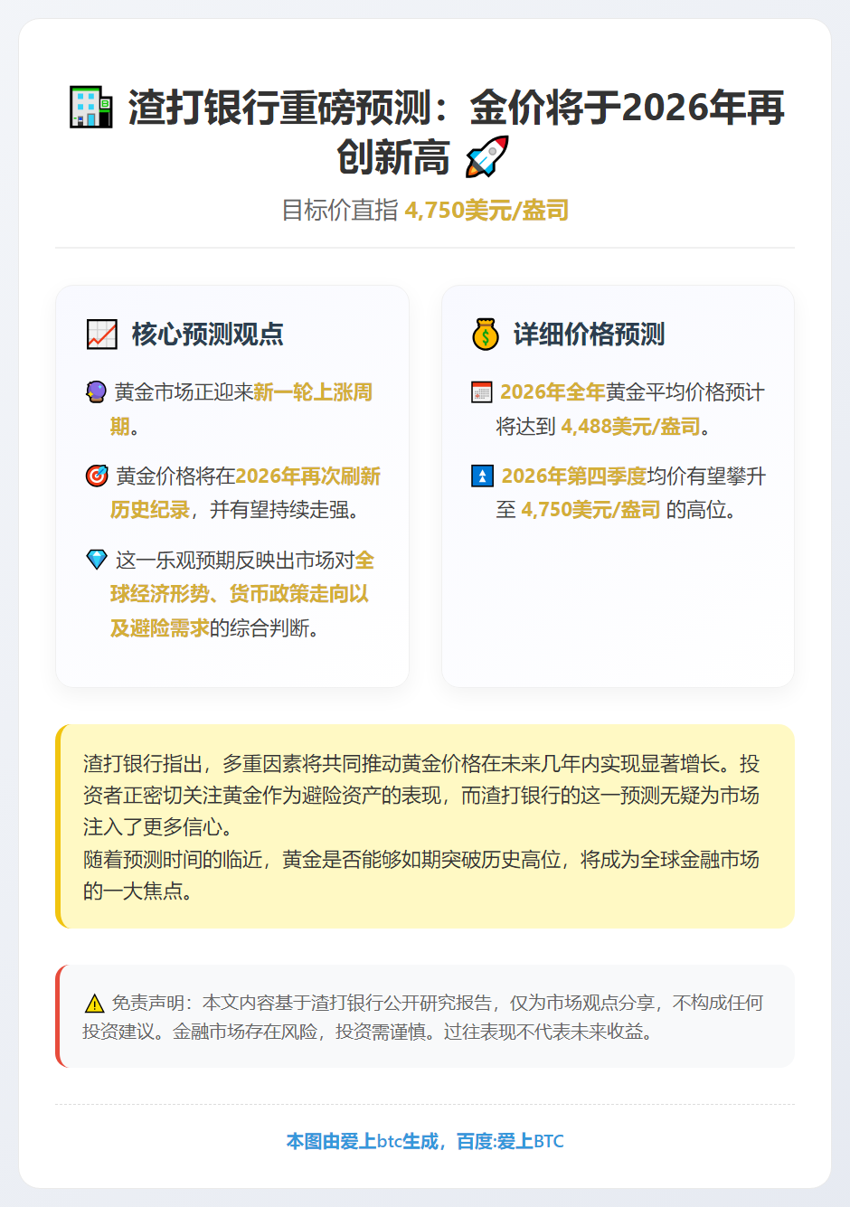 渣打：2026年金价再创新高