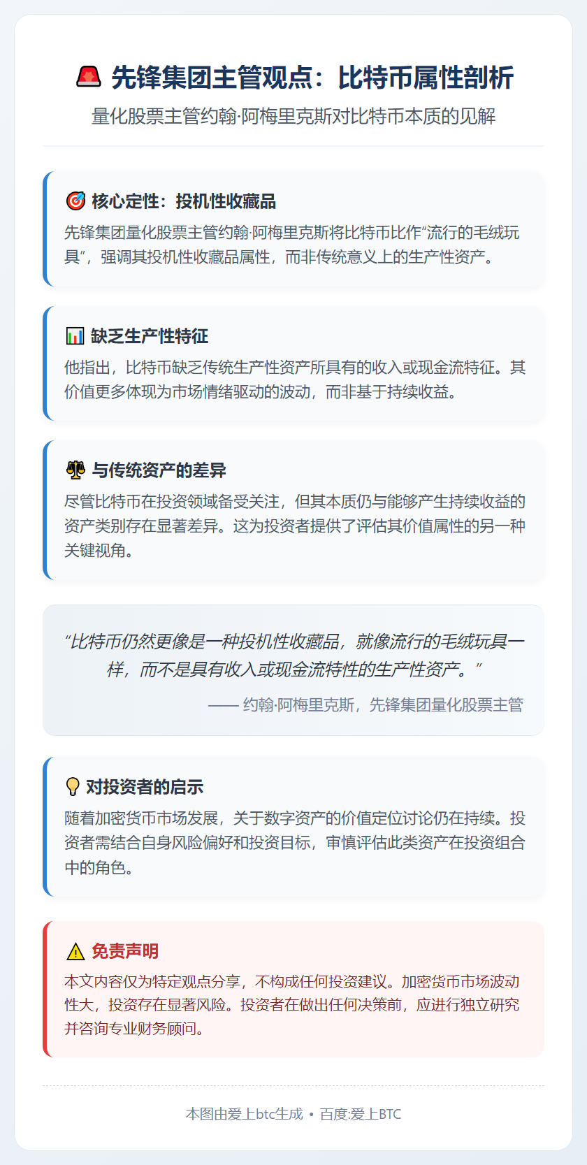 先锋集团主管：比特币属投机收藏品非生产性资产