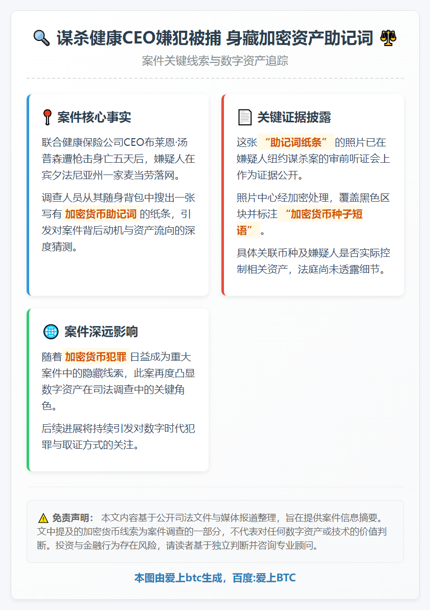 谋杀健康CEO嫌犯被捕 身藏加密资产助记词
