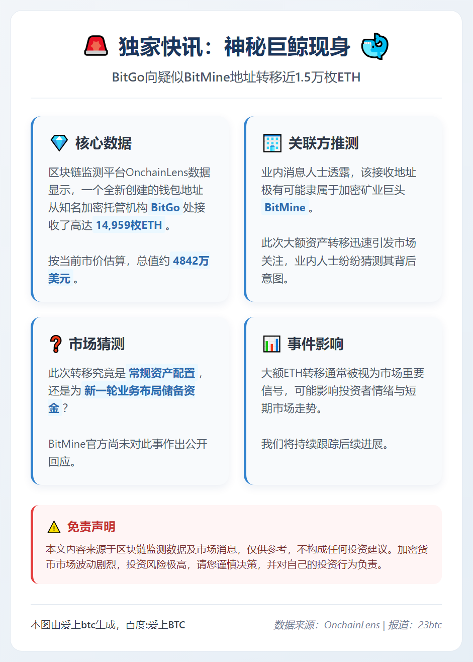 BitMine地址收近1.5万枚ETH