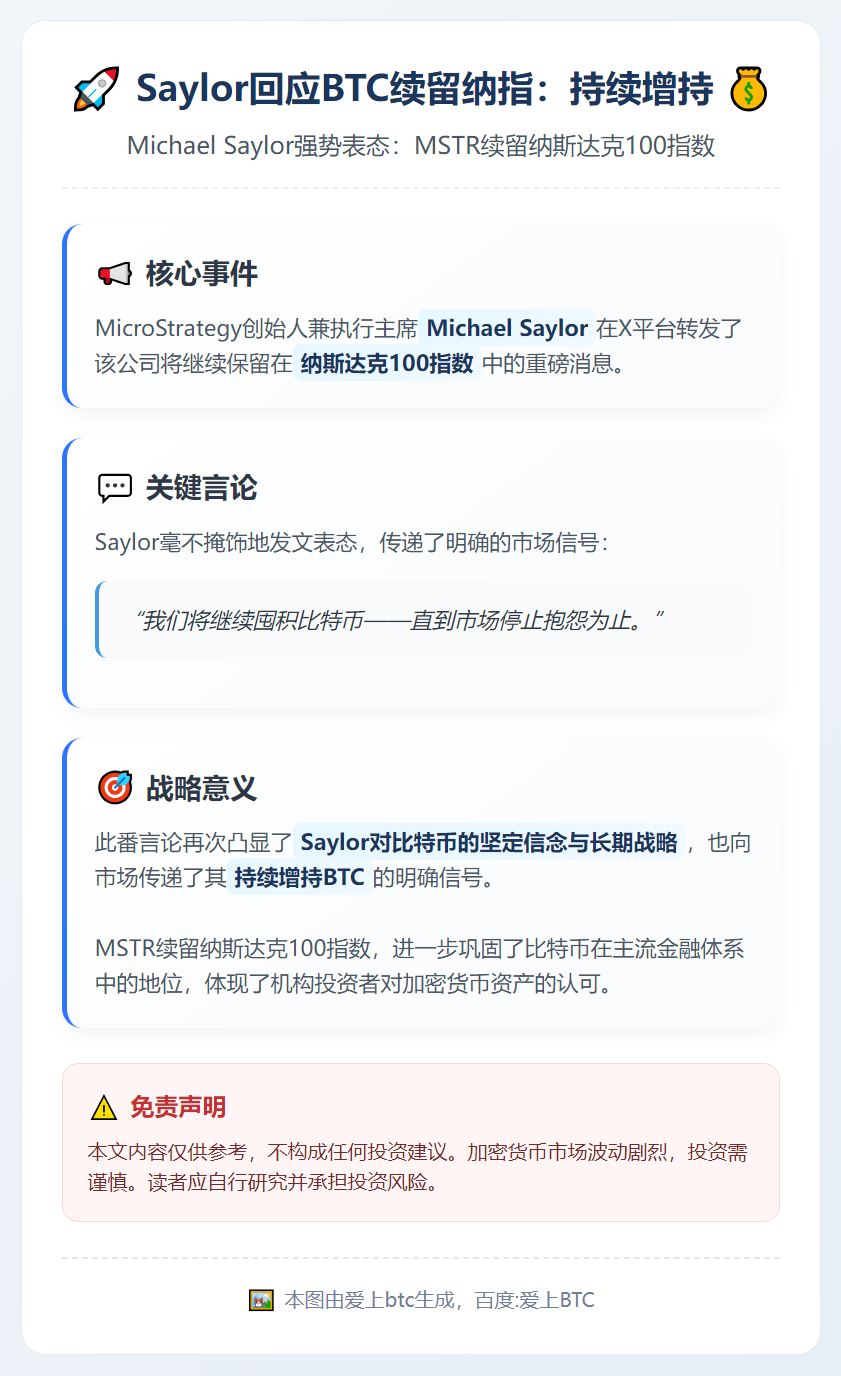 Saylor回应BTC续留纳指：持续增持
