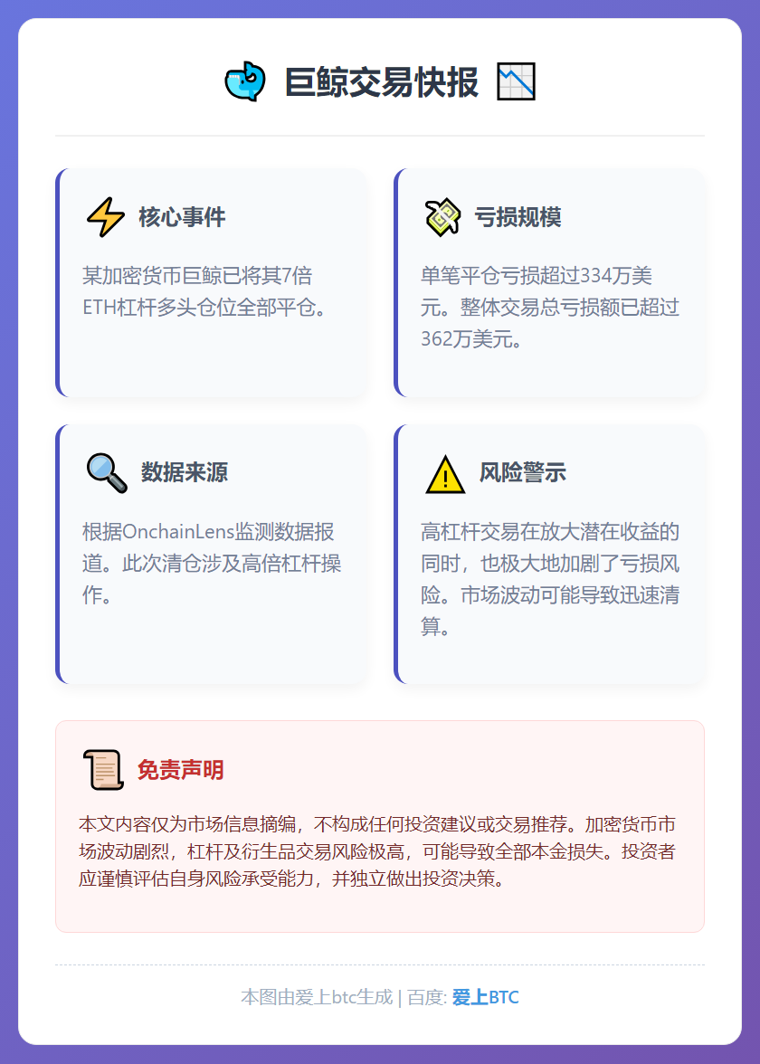 鲸鱼平仓ETH多头，亏损超334万美元