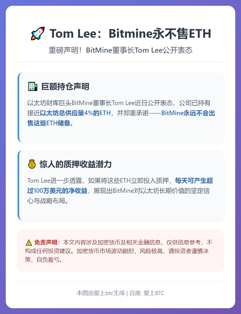Tom Lee：Bitmine永不售ETH
