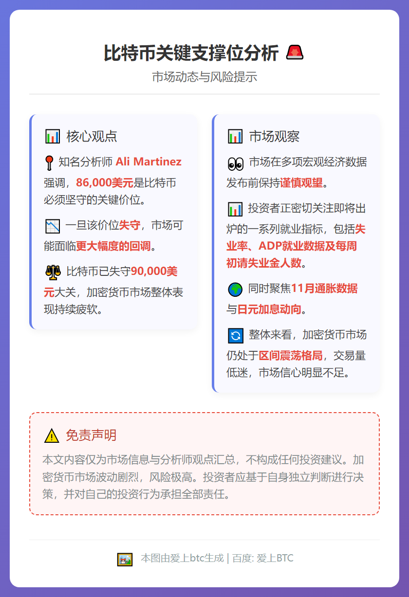 比特币支撑位8.6万美元，失守或深调