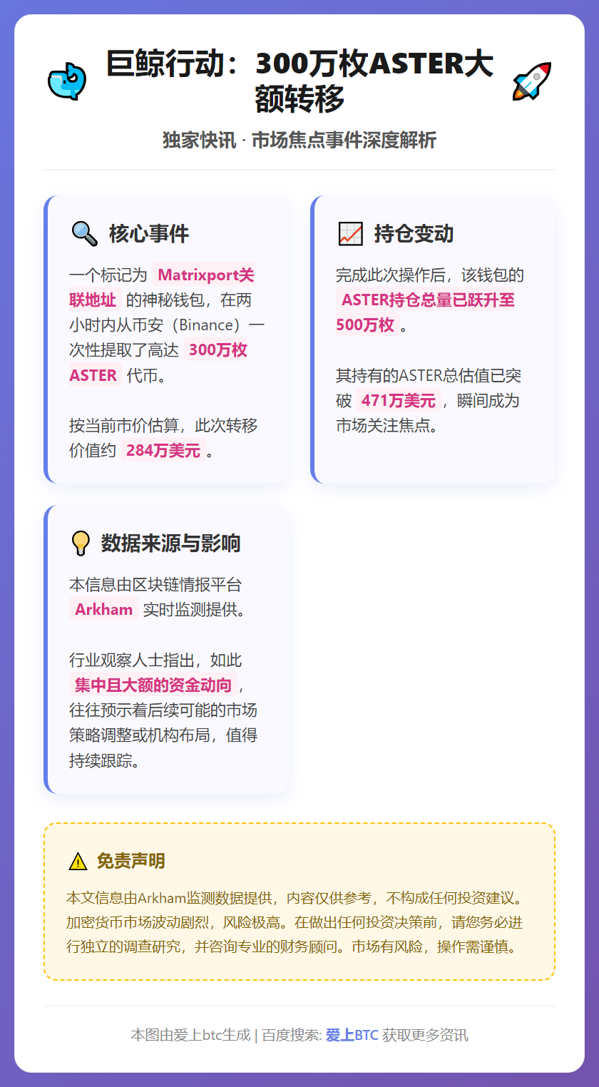 巨鲸从币安提取300万枚ASTER，价值284万美元
