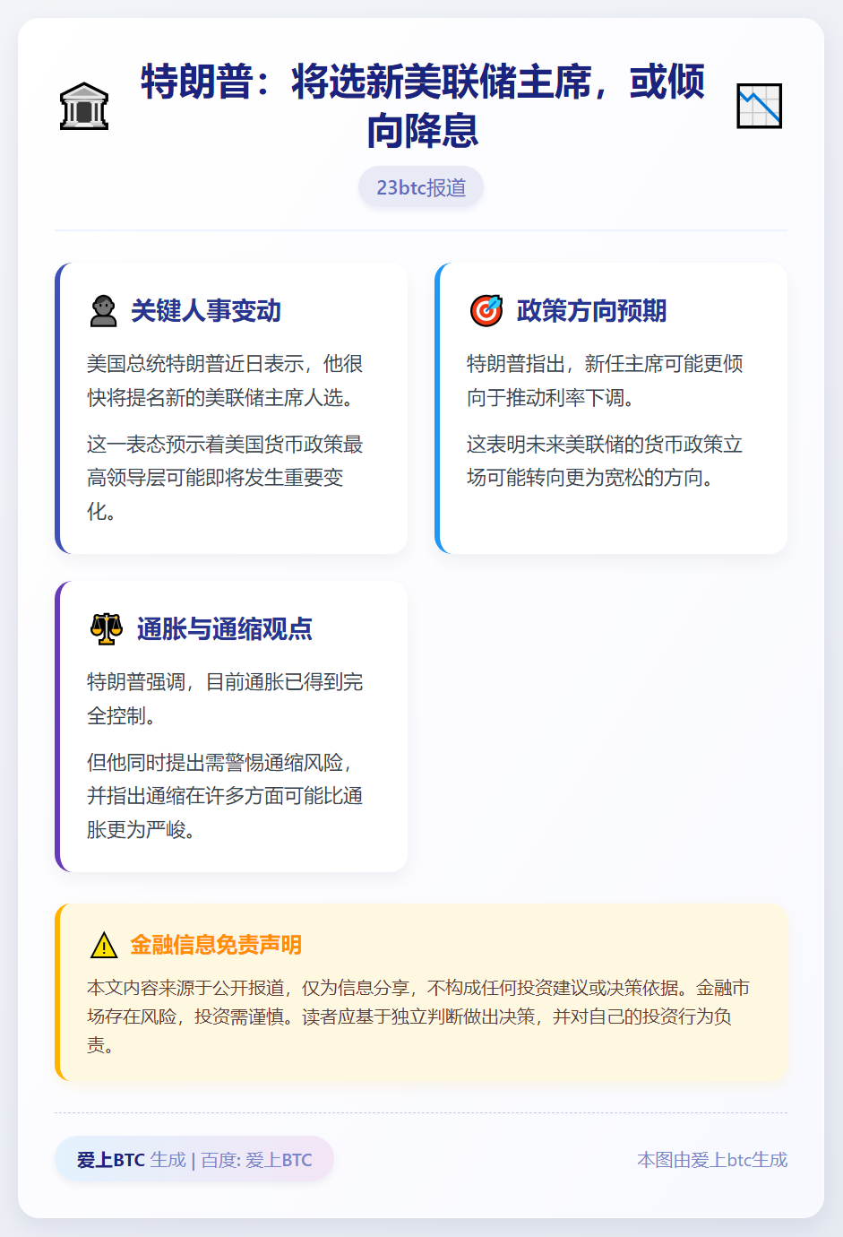 特朗普：将选新美联储主席，或倾向降息