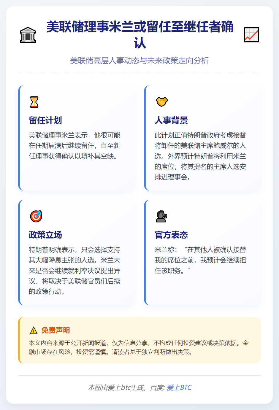 美联储理事米兰或留任至继任者确认