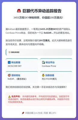 3455万枚SKY转出CoinbasePrime，价值201