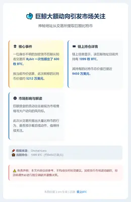 巨鲸提600枚BTC价值5212万美元