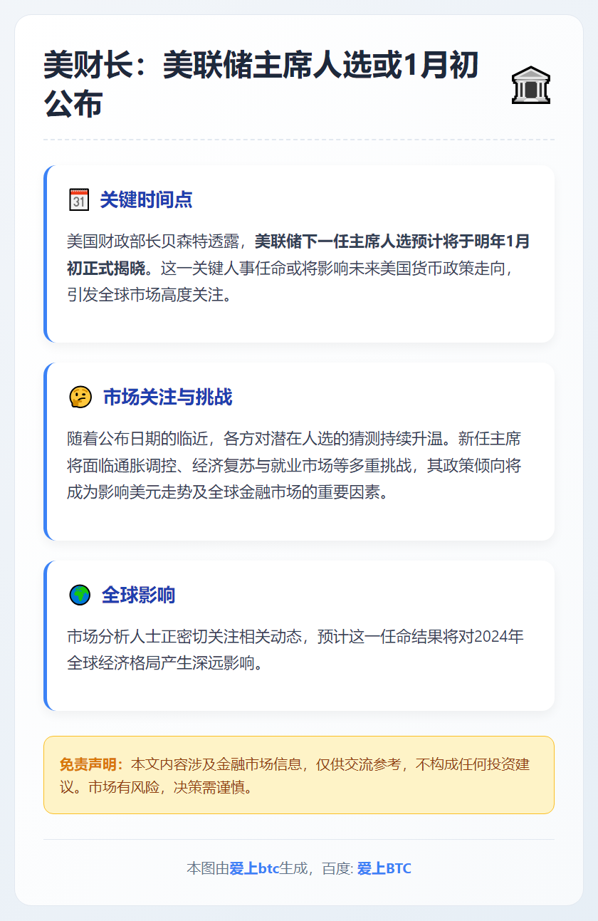 美财长：美联储主席人选或1月初公布