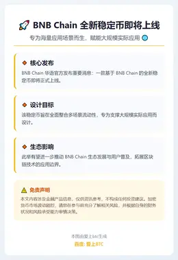 BNB Chain将推新稳定币，专为大规模应用设计