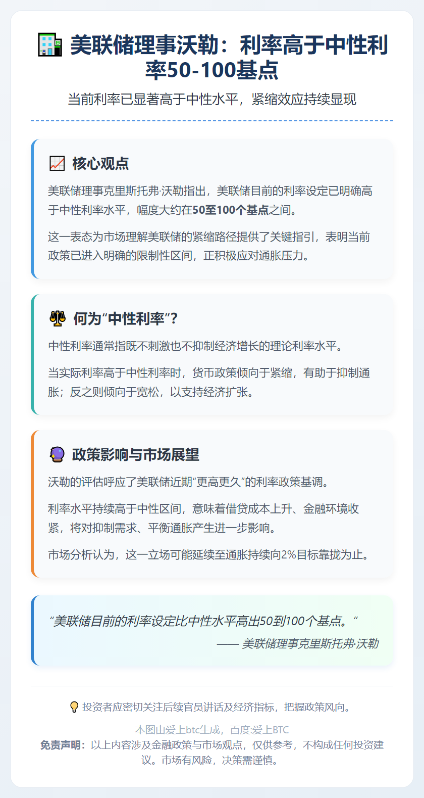 美联储理事沃勒：利率高于中性利率50-100基点